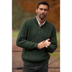 Walker Hawkes Sweater Green Wool Cable Knit Quarter Zip Ireland Jumper Medium M